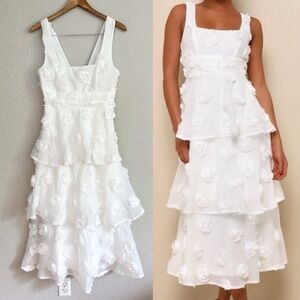 Exceptional Entrance White Sleeveless Tiered Rosette Midi Dress